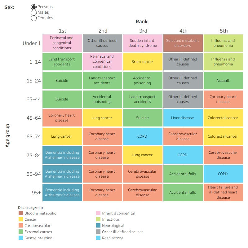 Tile chart shows the leading underlying causes of death for people aged 1-44 years are external causes. Middle to older ages have more chronic disease as leading underlying causes of death.