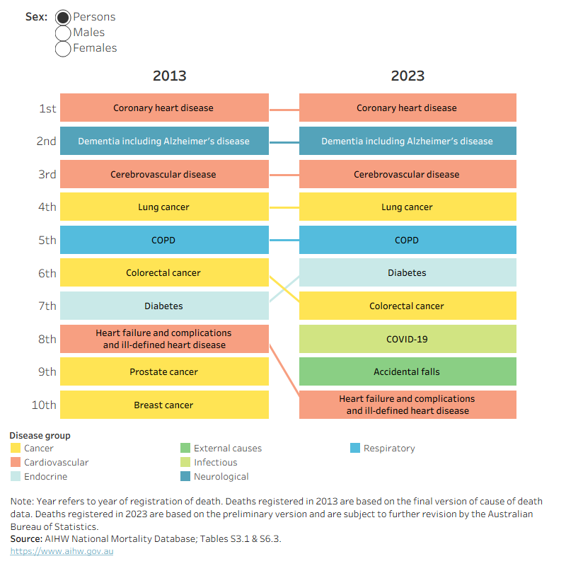 The bump chart shows that 8 of the 10 leading causes of death in 2013 were in the top 10 in 2023. COVID-19 and accidental falls moved into the leading 10 causes between 2013 and 2023.