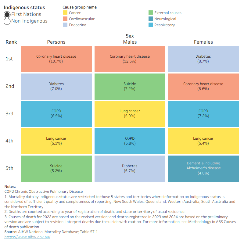Among First Nations people, coronary heart disease ranks highest for persons and males, while diabetes ranks highest for females. Other leading causes, including COPD, lung cancer and suicide, vary by sex.