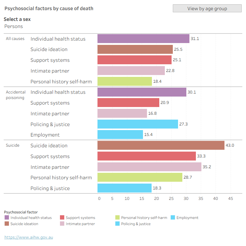The bar chart shows that leading psychosocial risk factors differ across causes of death and the tile map and show how the leading psychosocial risk factors differ by age group.