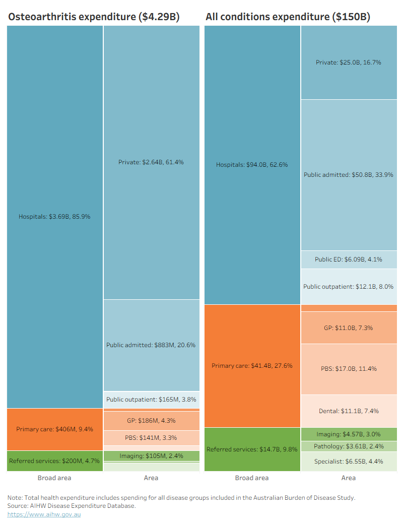 This figure shows the public hospital admitted patient services proportion of osteoarthritis expenditure was $883 million in 2020-21.
