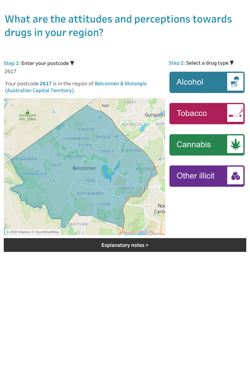 Interactive figure shows the attitudes and perceptions of people across Australia towards alcohol, tobacco, cannabis and other illicit drugs by region in 2022–2023.