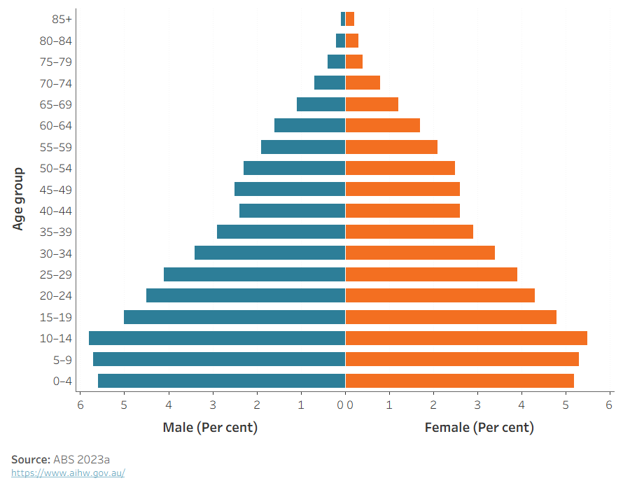 This figure shows the distribution of the estimated First Nations population by age and sex. It shows the relatively young age profile of First Nations people, with 34% aged under 15.