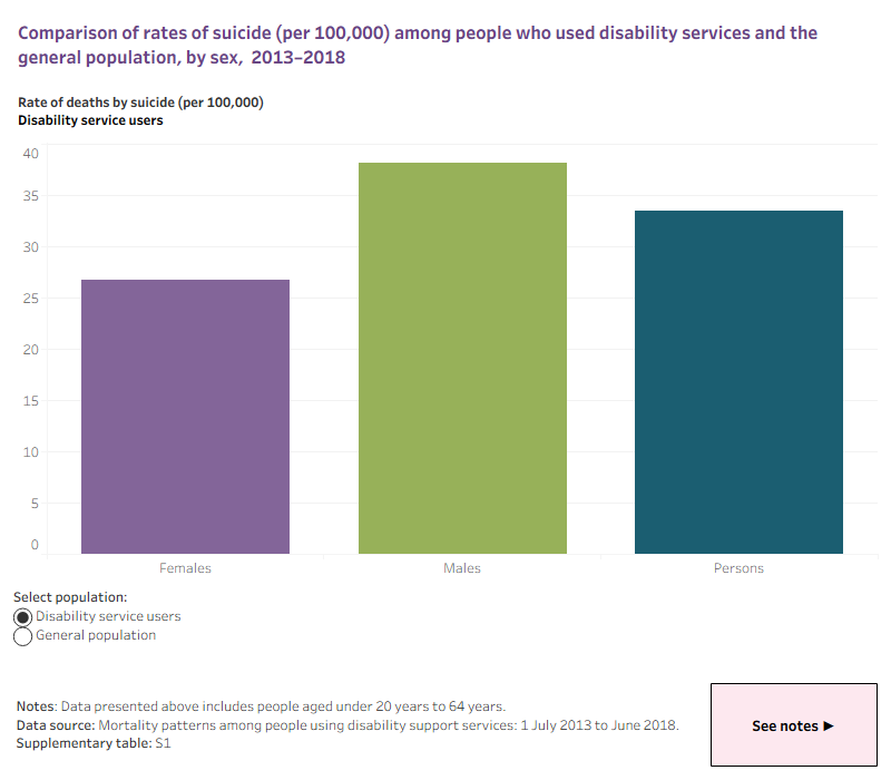 The data visualisation compares rates of deaths by suicide between the general population and disability support service users from 2013 to 2018. It is categorised by sex (females, males, persons). 