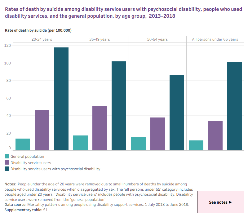 The data visualisation shows rates of death by suicide from 2013 to 2018, for the general population, disability service users and disability service users with a psychosocial disability. These categories are subdivided by age group, ranging from 20 to all persons under 65 years of age.