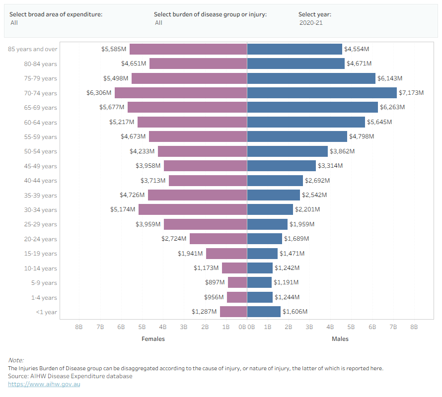 This butterfly chart shows spending for both males and females increasing with age across most disease groups across the decade 2011–12 to 2020–21.